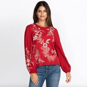 Johnny Was - Valentina Long Sleeve Bishop Tee - Red and White